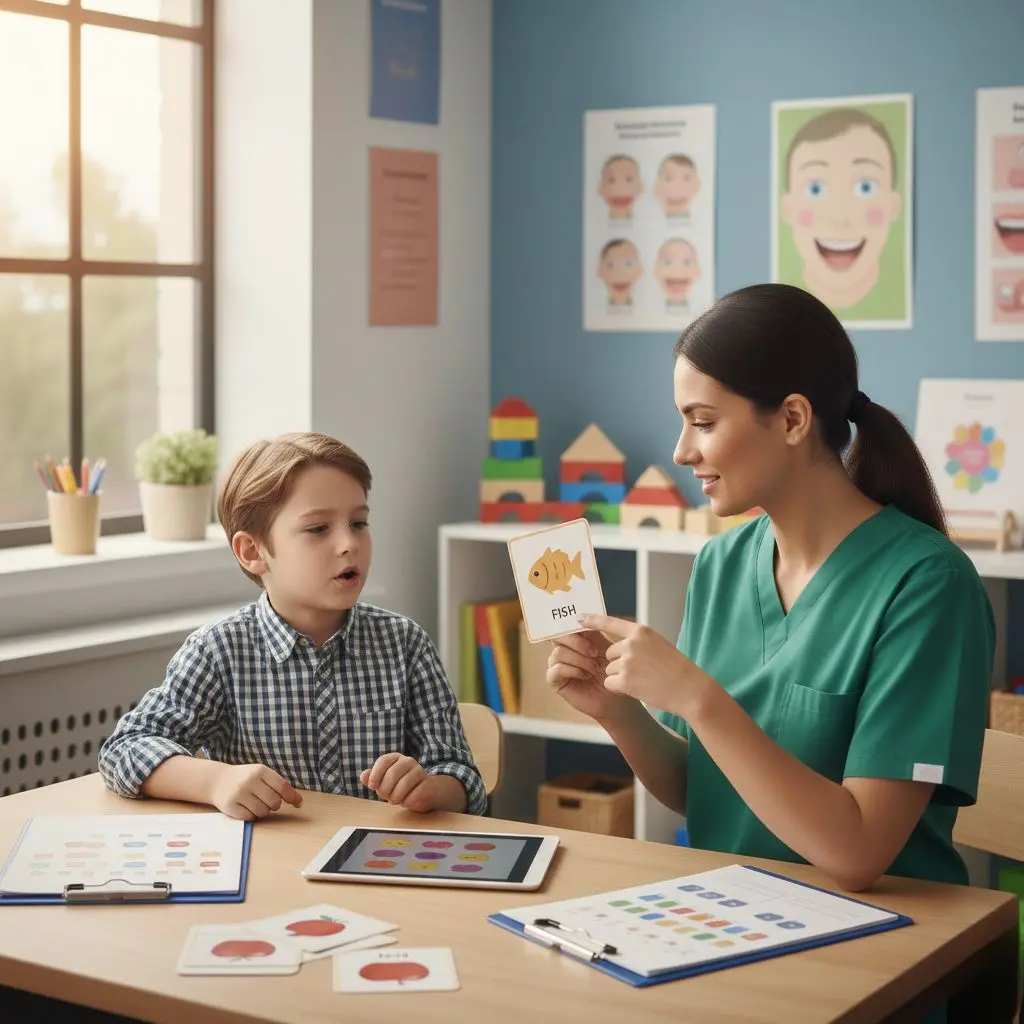 Speech language pathologist assisting a patient with communication exercises.