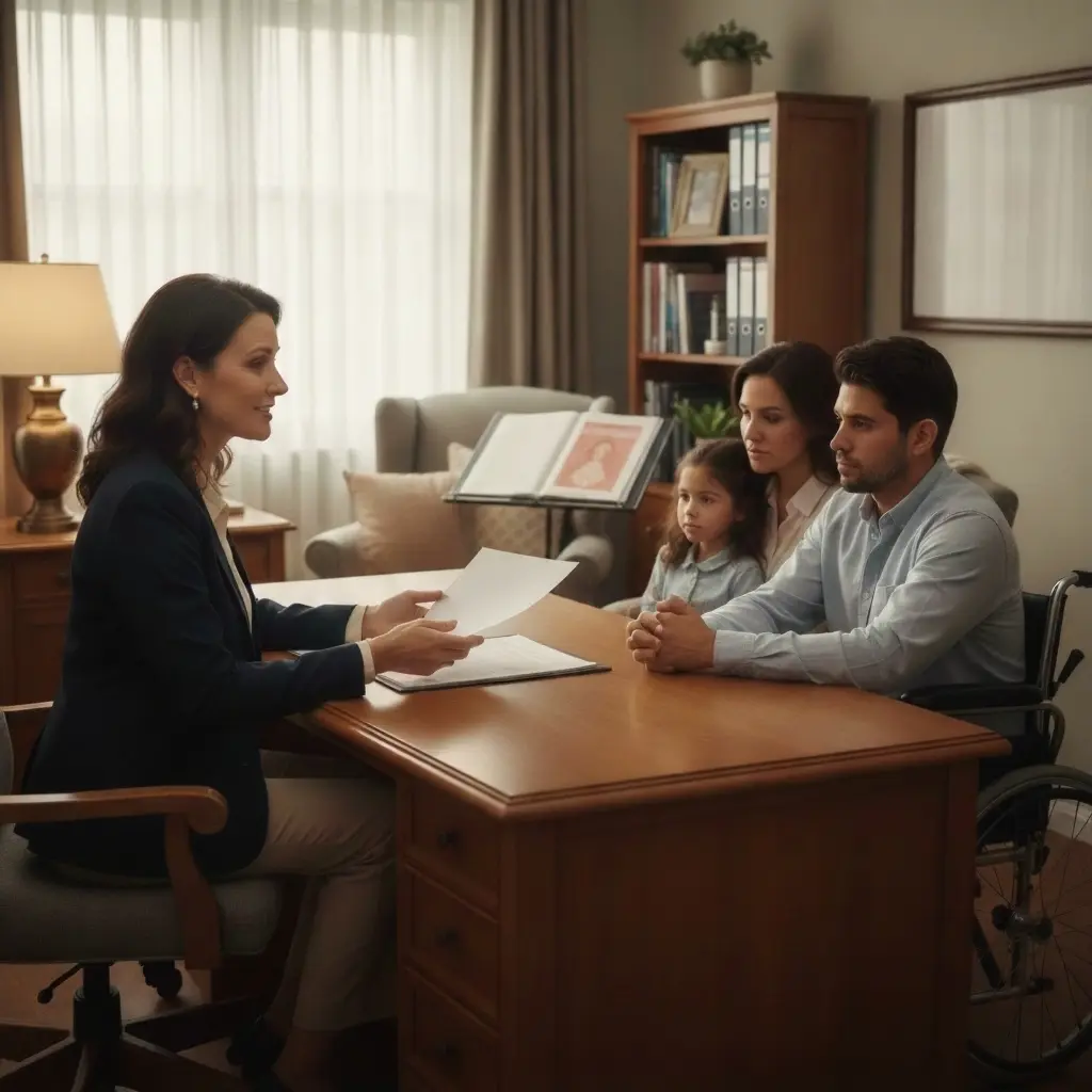 Healthcare social worker assisting a patient and family with care planning.