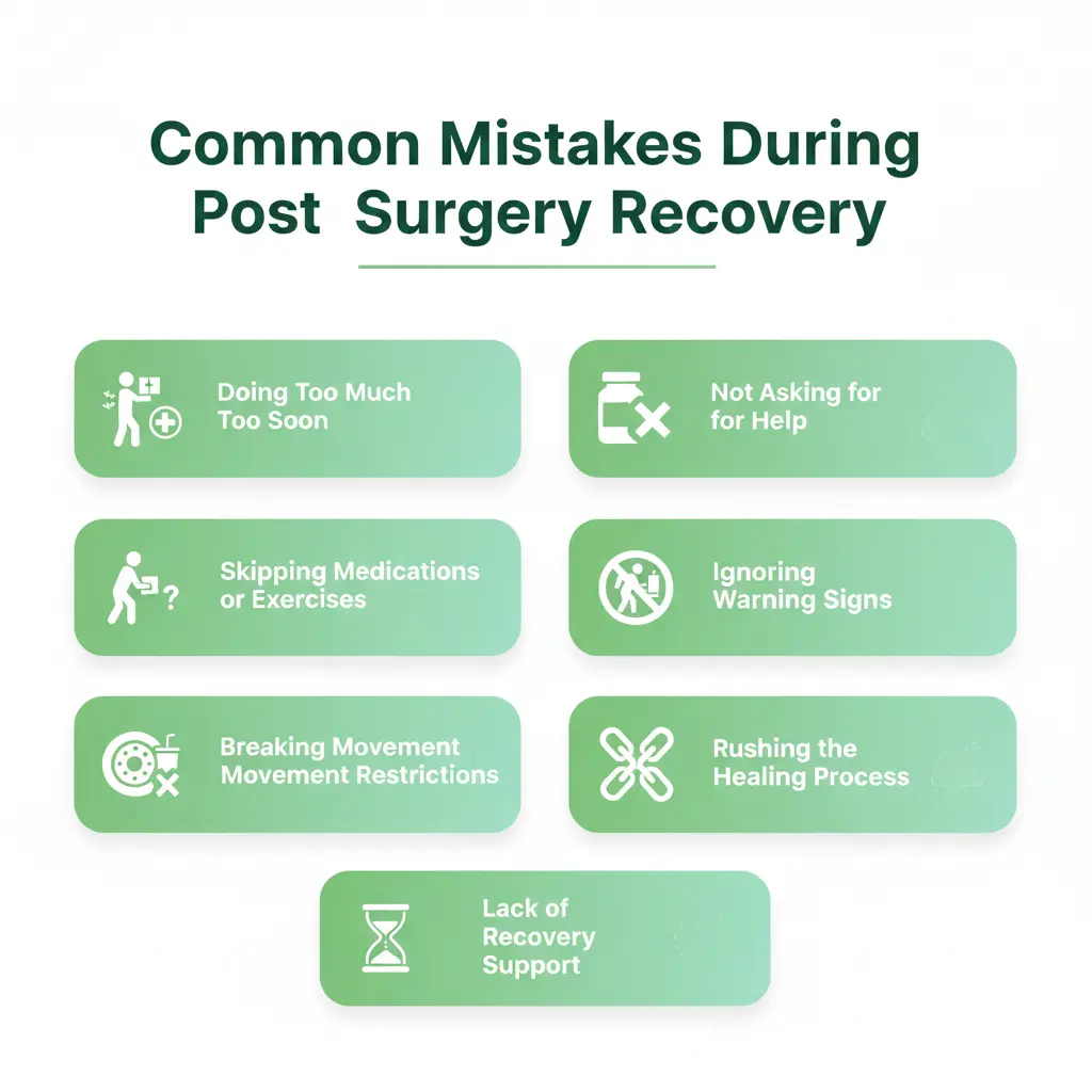Patient making common mistakes during post-surgery recovery while managing physical limitations.