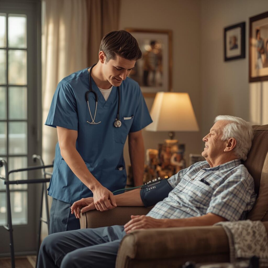 Nurse providing skilled nursing care to a patient at home.