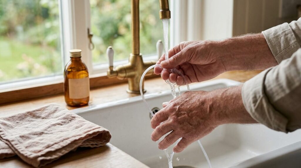 Hands washing a clear nasal cannula with mild soap and warm water at a kitchen sink