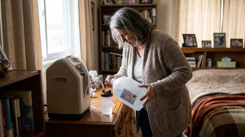 Caregiver refilling an oxygen humidifier bottle with distilled water beside an oxygen concentrator