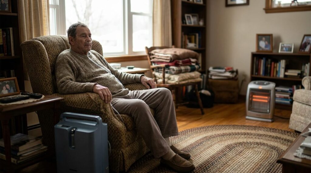 Older man seated at home with oxygen tubing in a living room, a space heater placed far across the room