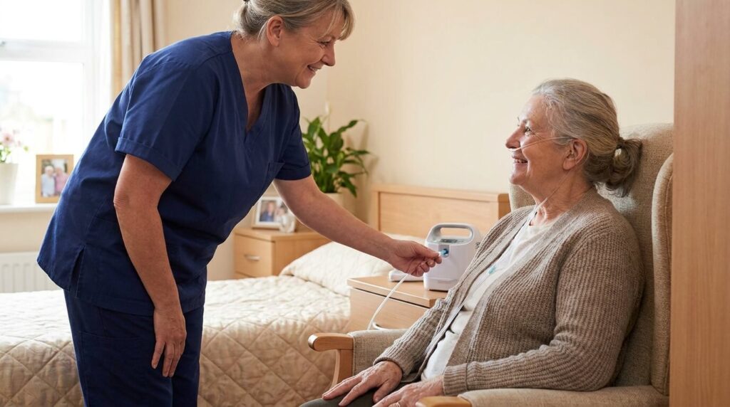 Nurse checking an oxygen tubing and nasal cannula setup for a resident in a nursing home room 