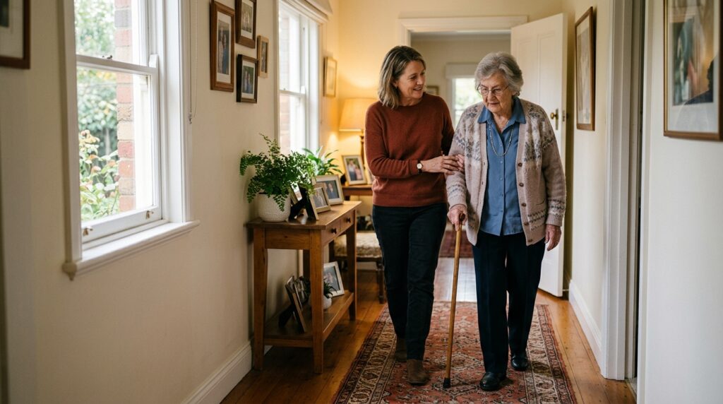 Adult daughter helping elderly mother walk at home after hospital discharge in Chicago