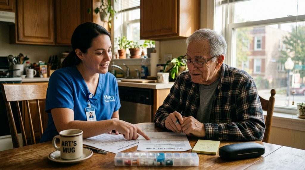 After hospital discharge care nurse reviewing recovery plan with elderly patient at home in Chicago discharge care plan with elderly patient at kitchen table in Chicago