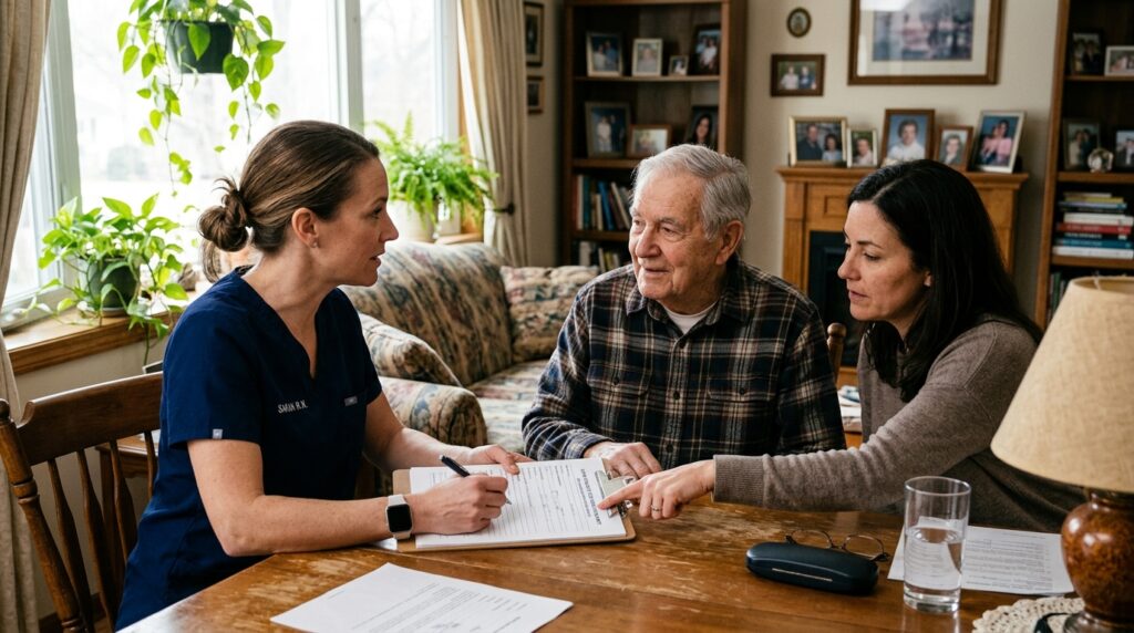 Nurse conducting a home health care assessment for a senior patient in Illinois.Home Health Care for an Elderly Parent in Chicago