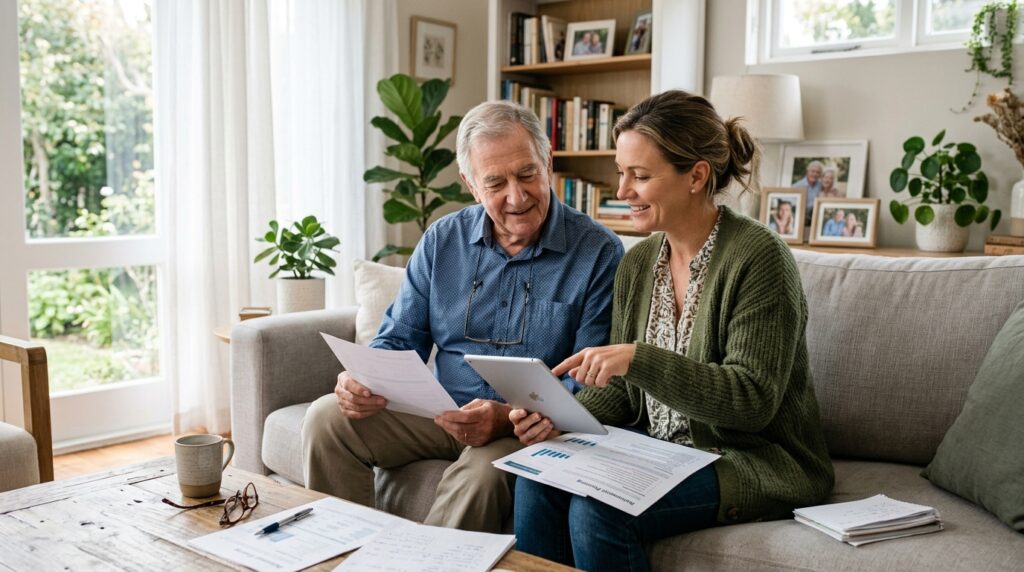 Adult daughter helping her elderly father review home health care options in Chicago