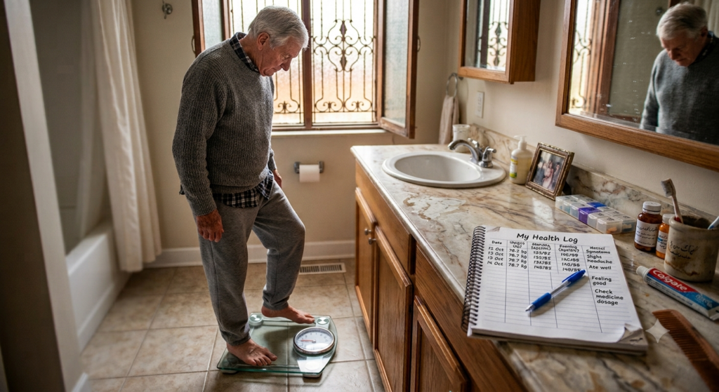 Senior weighing themselves daily to monitor fluid retention during home health care for heart failure.Home Health Care for Congestive Heart Failure (CHF)

