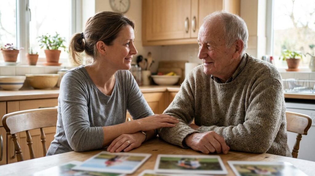 Adult daughter practicing simple words with her father at the kitchen table after his stroke