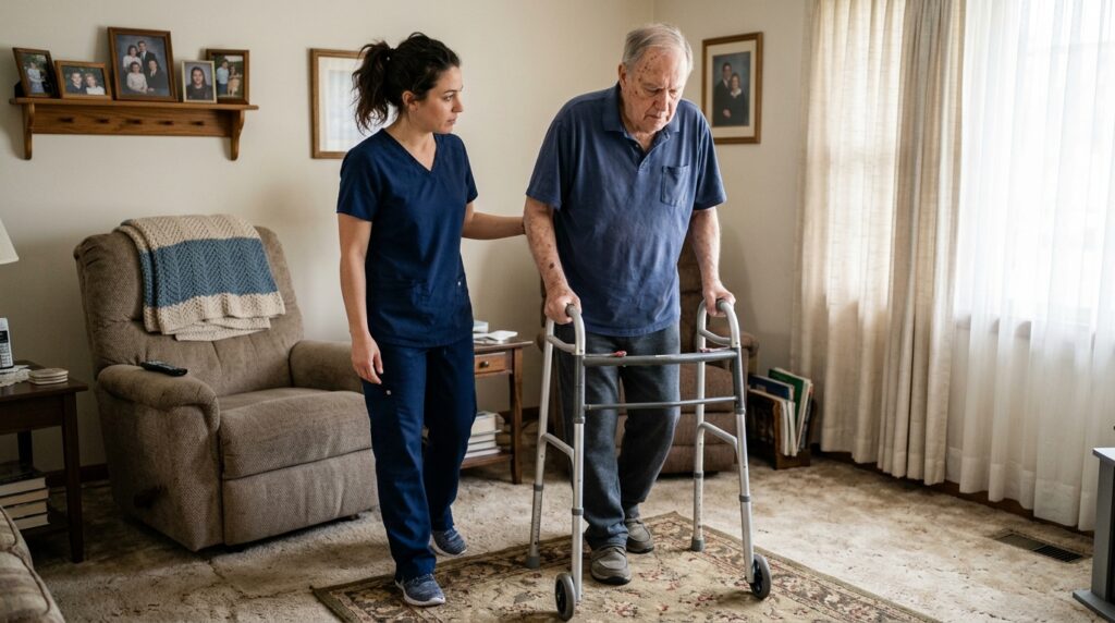 Senior practicing walking with a physical therapist during knee replacement recovery at home