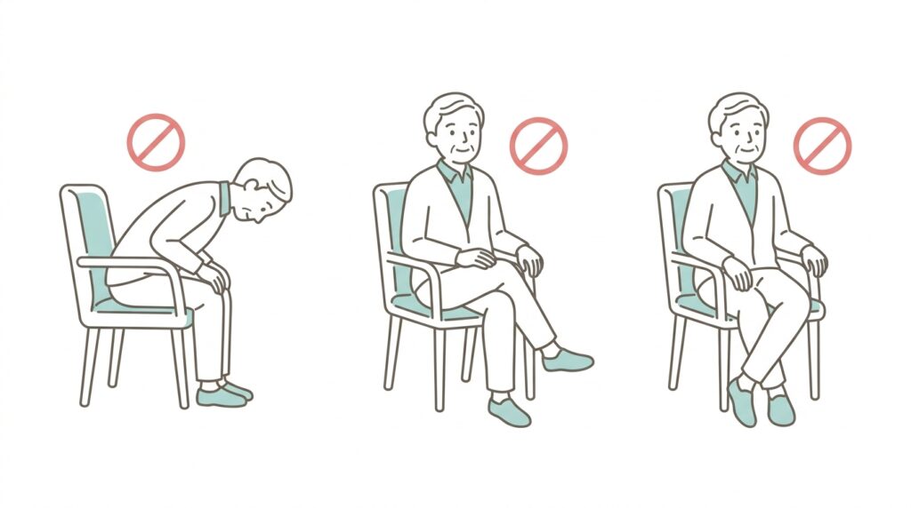  Illustration of hip precautions after surgery showing safe sitting and bending angles 