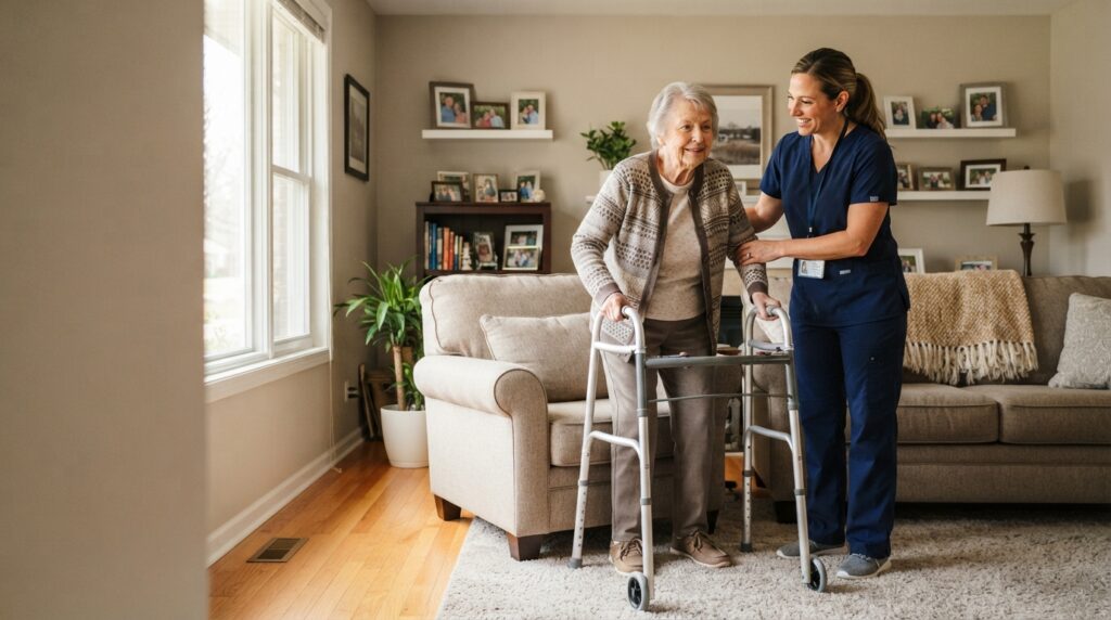 Home health aide assisting a senior with daily activities covered under Medicare in Chicago