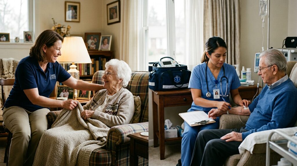 Split scene visual an aide assisting with daily tasks on one side, a nurse performing a clinical task on the other