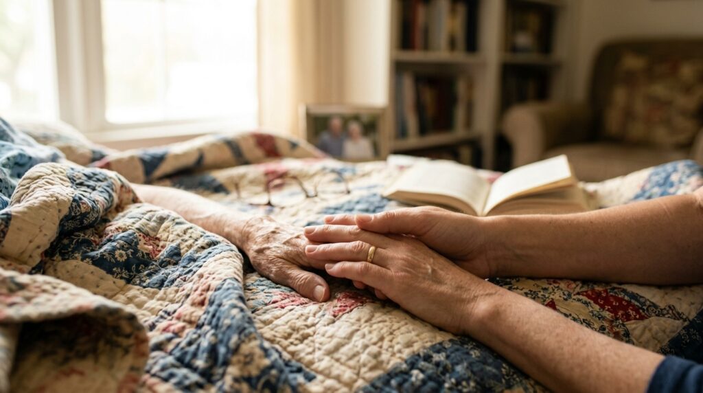 Family member holding a senior's hand while deciding between home health care and hospice care