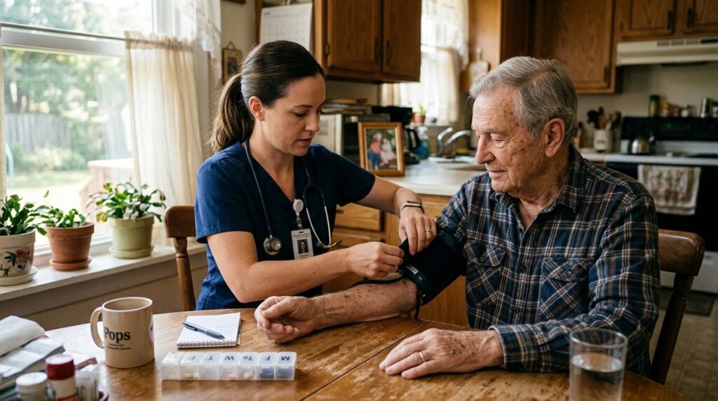 Home health nurse checking blood pressure of an elderly congestive heart failure patient at home near Chicago