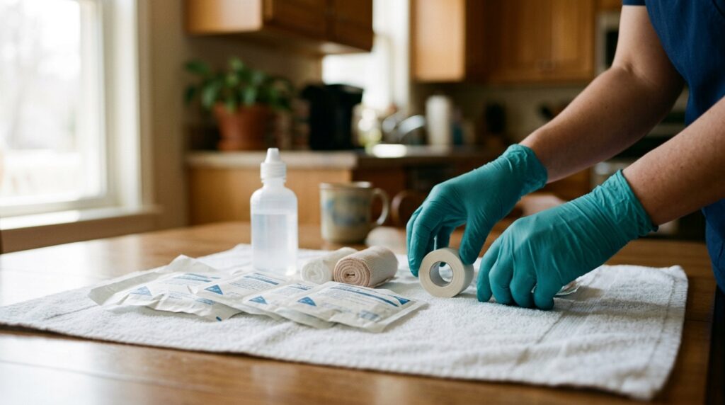 Gloved hands and clean supplies ready for a safe dressing change during wound care at home