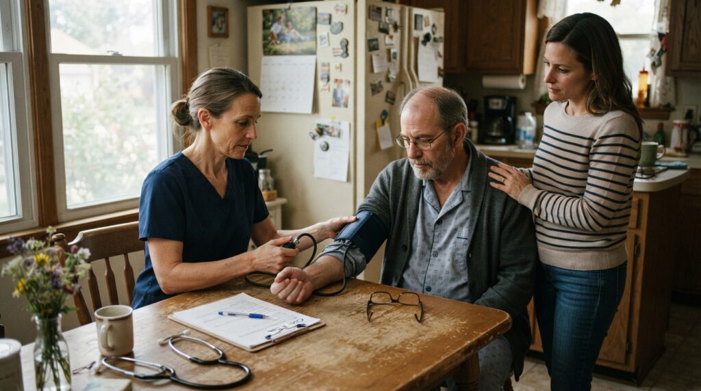 Registered nurse providing intermittent skilled nursing care during a home visit in Palos Heights, IL