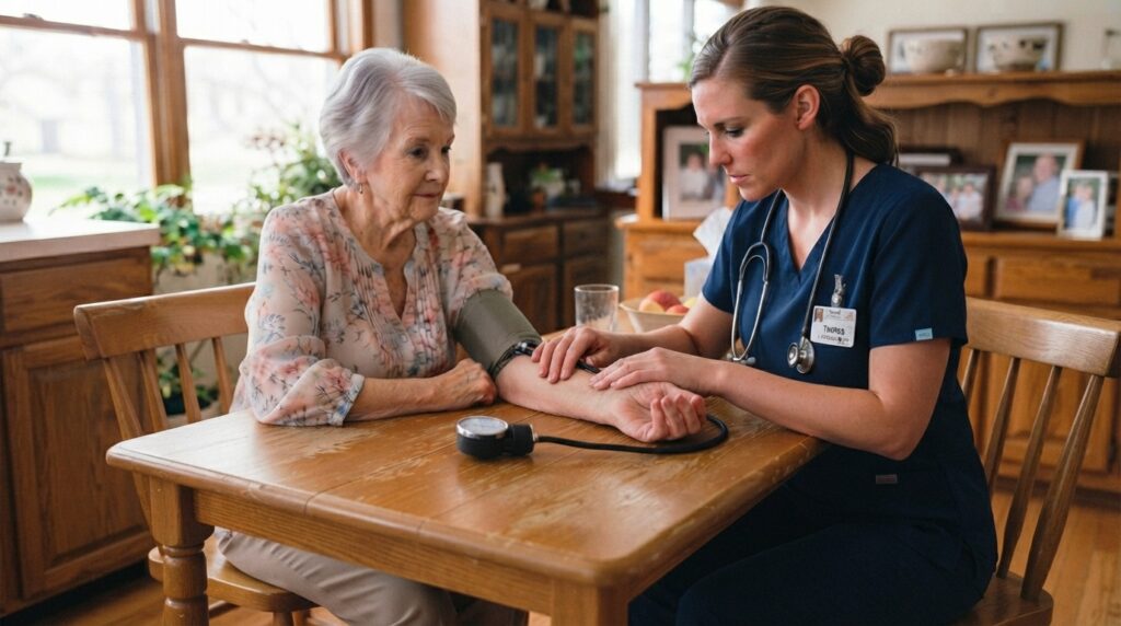 Home health nurse checking blood pressure for a senior patient during a Medicare-covered visit in Illinois