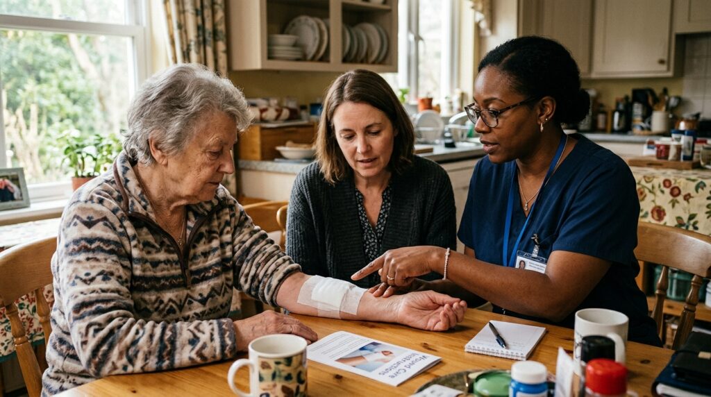 Skilled nurse teaching a family caregiver how to spot signs of wound infection at home