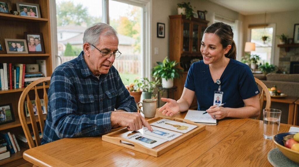 Speech-language pathologist working with a stroke survivor on aphasia therapy during a home health visit in Chicago