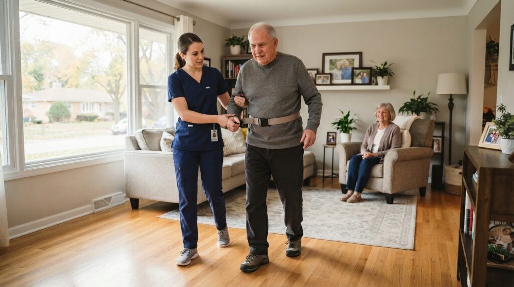 Senior patient reviewing Medicare home health care coverage with a nurse in Lemont, Illinois,Home Health Care After a Stroke in Chicago
