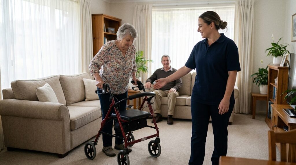 Physical therapist helping a stroke survivor practice walking with a walker in her living room