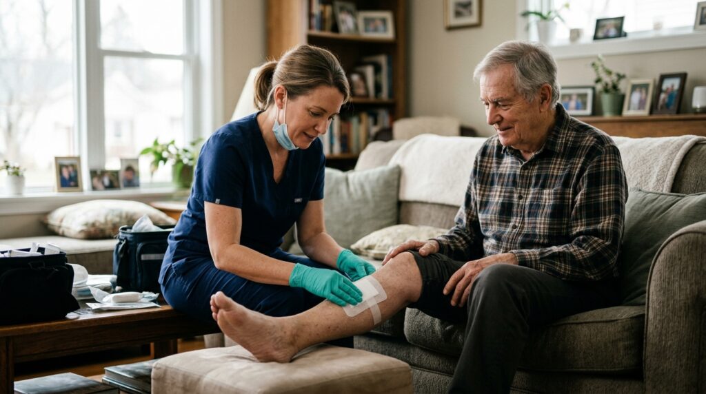 Home health nurse performing wound care at home with a fresh dressing change for a senior near Chicago