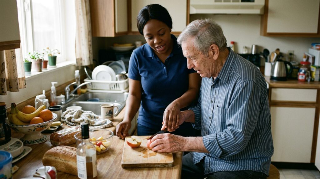  Home health aide helping a cancer patient with meal preparation between treatments, Home Health Care for Cancer Patients
