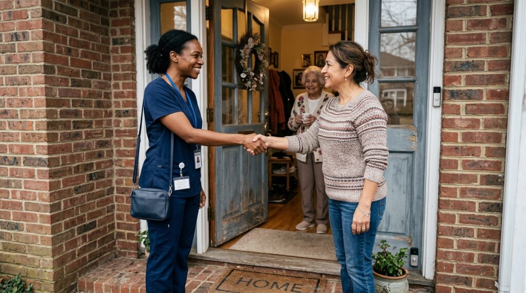 Family welcoming a nurse from an accredited home health agency near Chicago. ACHC Accreditation in Home Health Care
