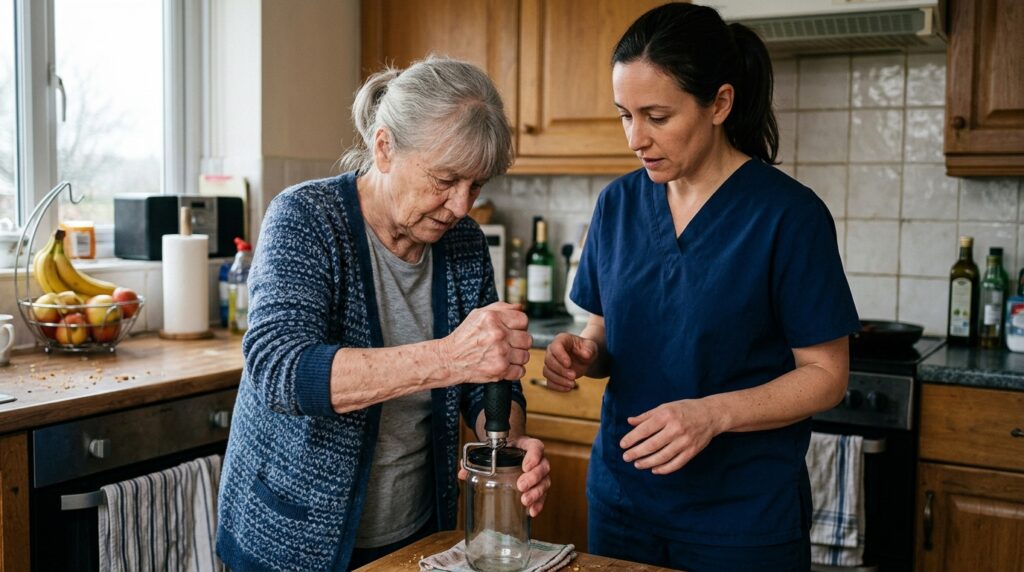 Occupational therapist showing adaptive kitchen tools to a patient with Home Health Care for Arthritis.