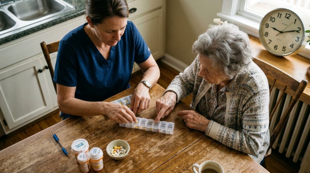 Home health nurse helping a Parkinson's patient organize medication doses on schedule at home health care for Parkinson's patients