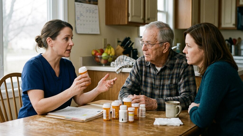 Home health nurse reviewing medications with a patient during the first visit

