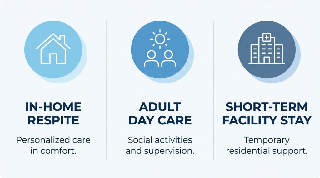 Three types of respite care for family caregivers, in-home, adult day care, and facility stays