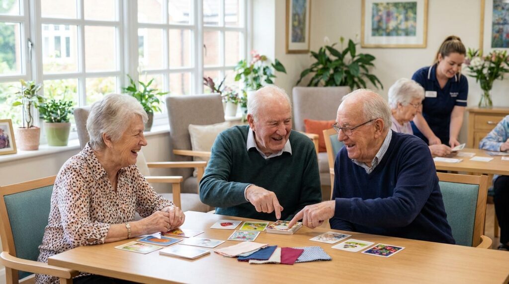 Older adults socializing during an activity at an adult day care center