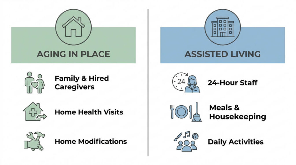 Aging in Place vs. Assisted Living: How to Decide for Your Parent 1 Visual comparison of aging in place and assisted living support