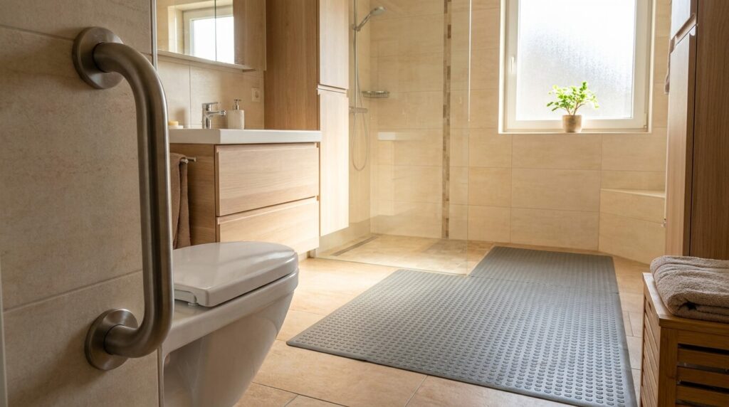 Grab bars and non-slip mat installed for senior fall prevention in a home bathroom ,Fall and Flu Season Safety Checklist