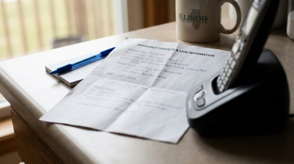 Emergency contact and care information sheet used for long-distance caregiving coordination