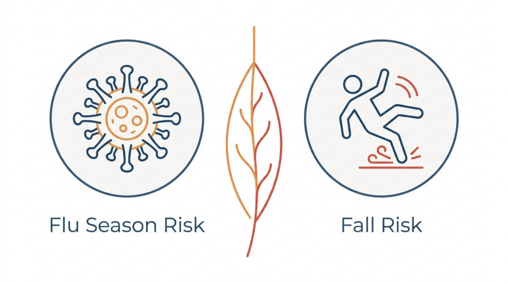 infographic showing the dual autumn risks of flu season and falls for seniors