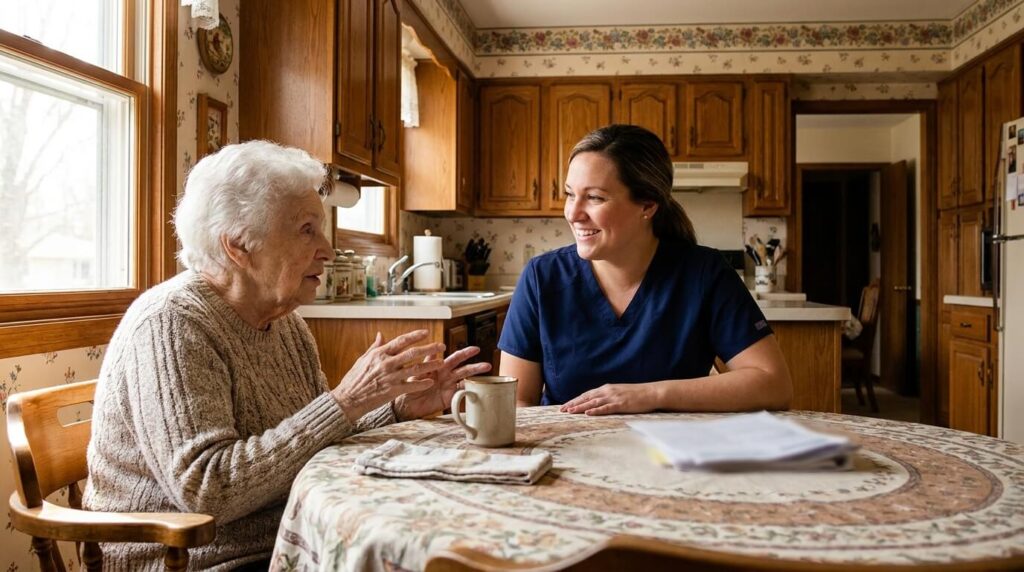 Home health aide providing in-person support for a senior in the Orland park area
