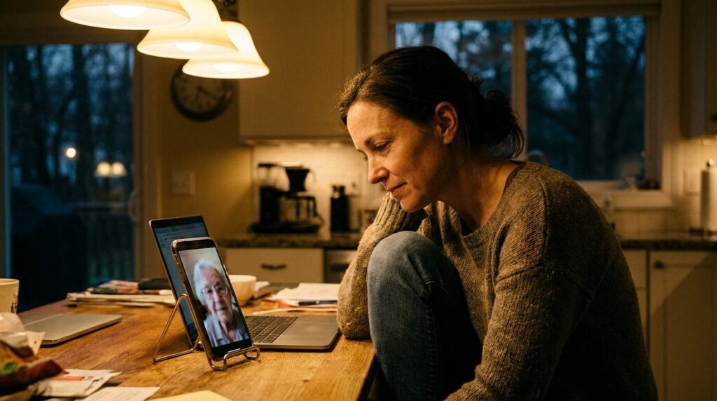 Adult child video calling an aging parent as part of a long-distance caregiving routine