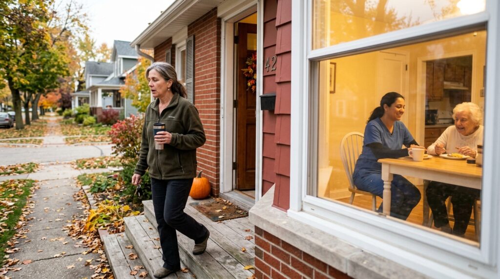 Family caregiver taking a break while respite care support is provided at home