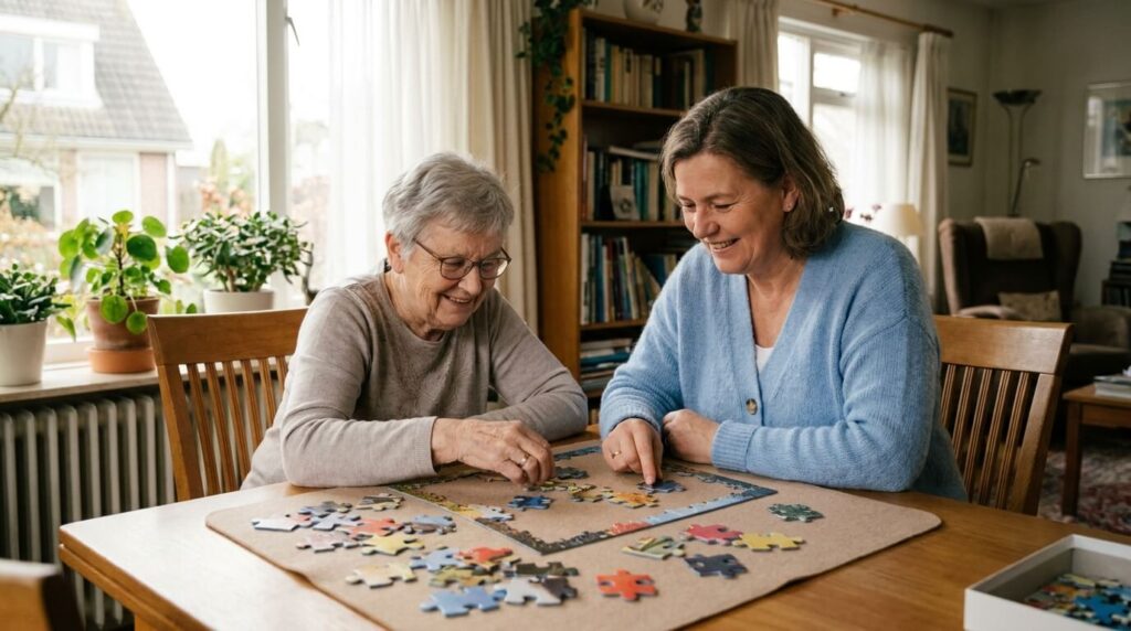 Winter Isolation and Depression in Seniors: Recognizing the Signs and What Helps 2 Caregiver and older adult doing an indoor activity together during winter