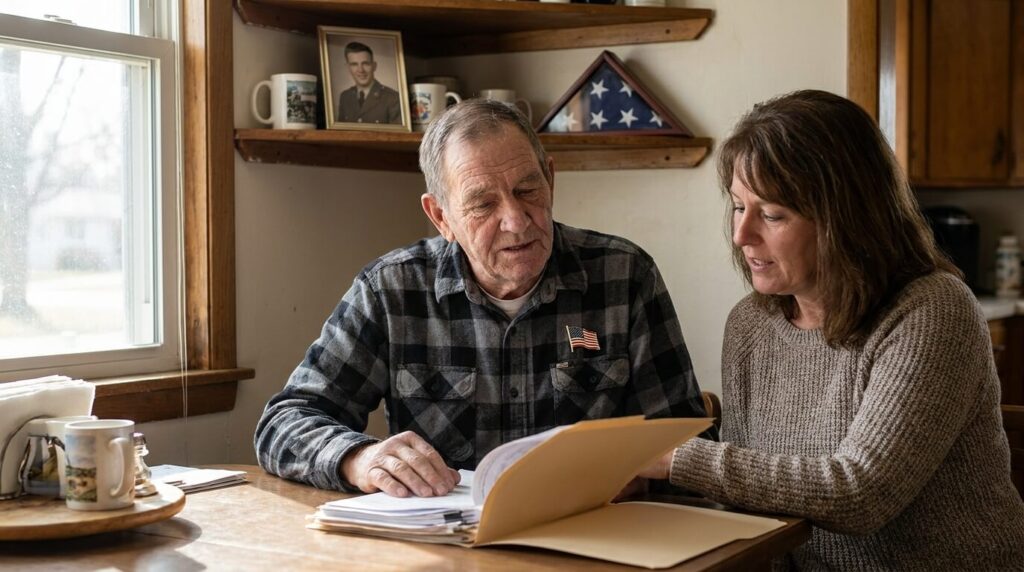  Veteran and family caregiver reviewing VA and Medicare respite care coverage