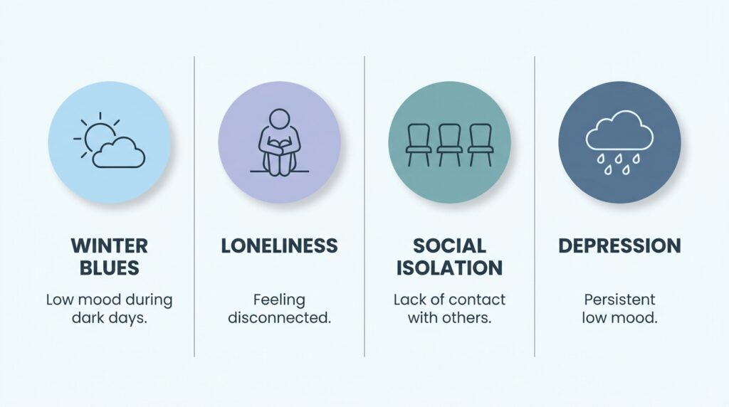 Winter Isolation and Depression in Seniors: Recognizing the Signs and What Helps 1 Comparison of winter blues, loneliness, social isolation, and depression in seniors