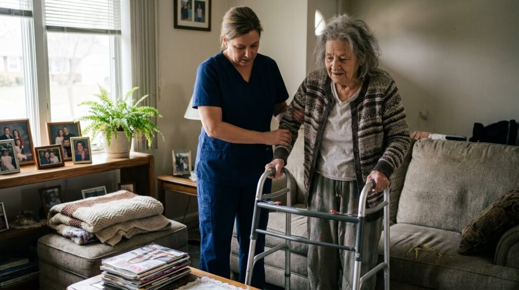 home health aide assisting an older adult with daily activities at home