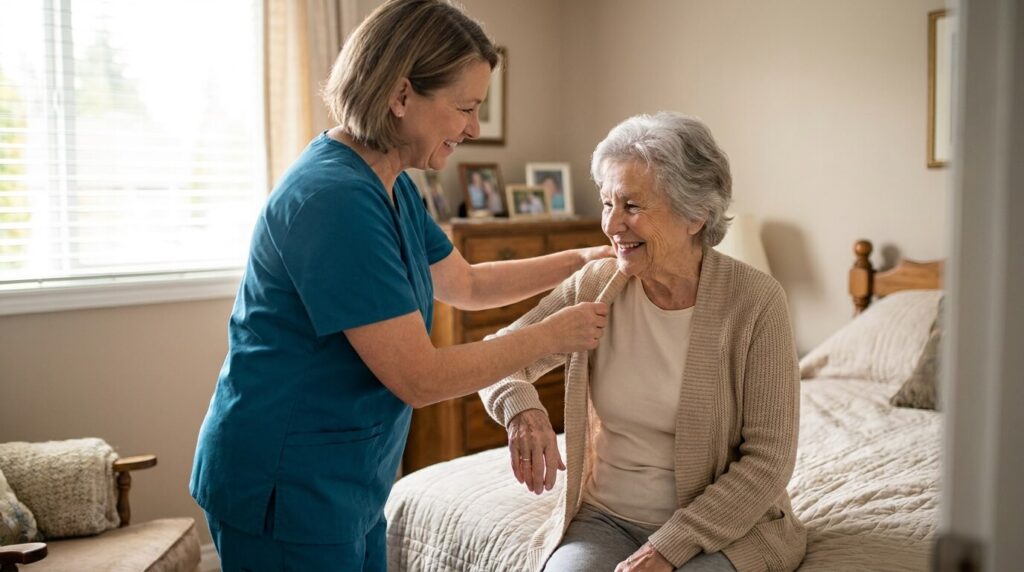Does Medicare Cover Home Health Care & Aides in Illinois? 2 Home health aide helping an older woman put on a cardigan in her bedroom