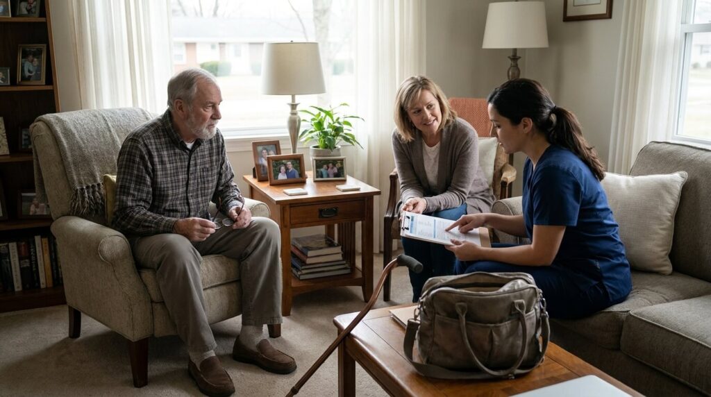 home health nurse reviewing care plan after hospital discharge