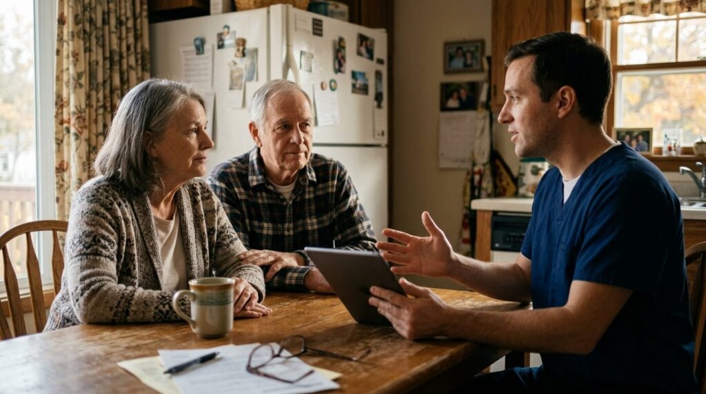 Home health clinician explaining a plan of care to an older couple at their kitchen table, physical vs occupational therapy at home
