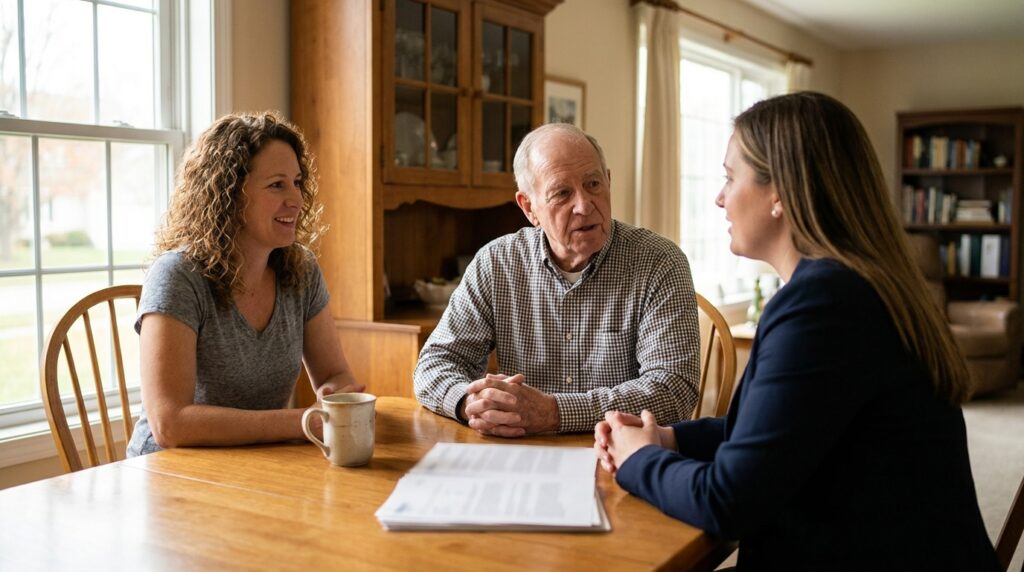 Does Medicare Cover Home Health Care & Aides in Illinois? 4 Adult daughter and her father talking with an agency coordinator about home health coverage options